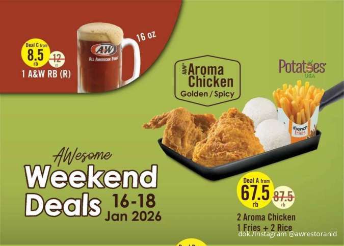 Promo A&W Weekend Deals 16–18 Januari, Beli Paket Ayam Dapat Free 2 Cheeseburger 