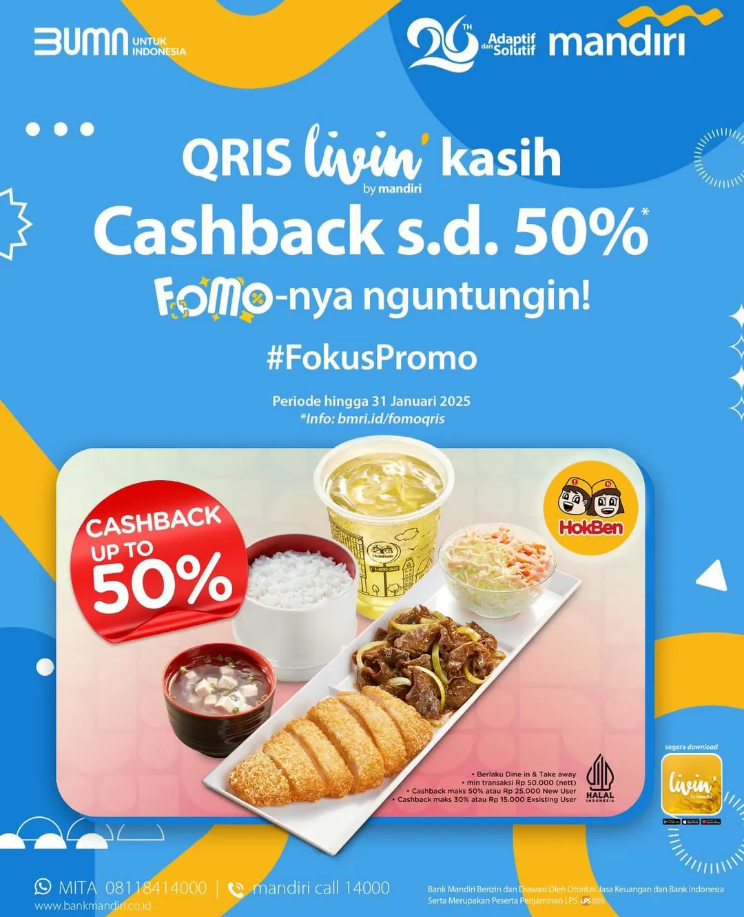 Promo Hokben FOMO QRIS dari Bank Mandiri cashback 50%