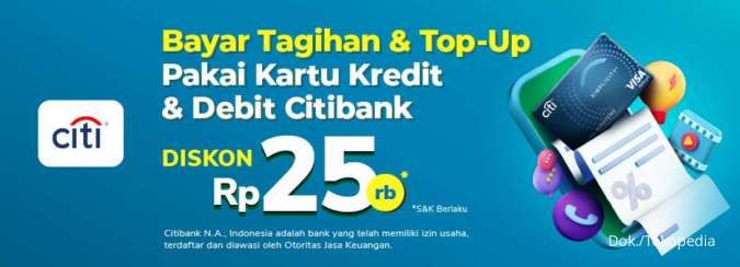 Promo Tokopedia Citibank Maret 2022, Top Up dan Bayar Tagihan Diskon Rp 25.000