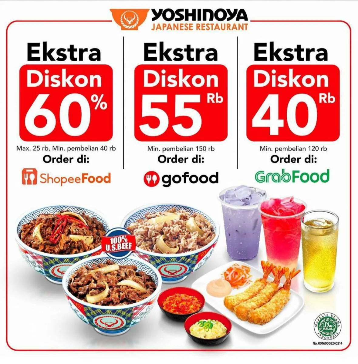 Promo Yoshinoya September 2021, Ekstra Diskon via GrabFood, GoFood, dan ShopeeFood