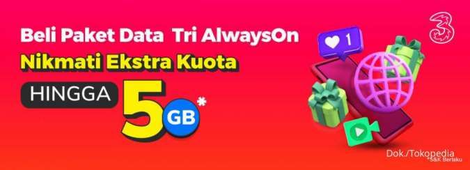 Promo Paket Data Tri AlwaysOn di Tokopedia, Dapatkan Ekstra Kuota hingga 5 GB!