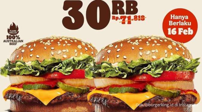 Promo Burger King 2 Cheese Whopper Jr. Rp 30.000, Hanya Hari Ini 16 Februari 2024