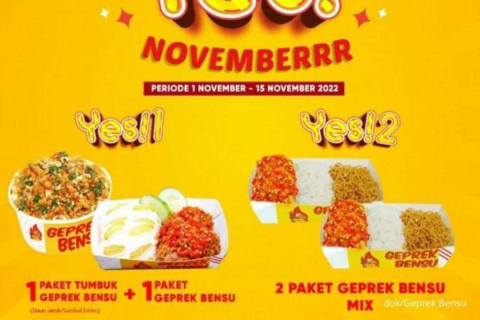 Promo Geprek Bensu November 2022, Paket Ayam Geprek dan Ayam Tumbuk Rp 30.000