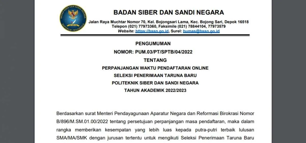 Pendaftaran Politeknik Siber dan Sandi Negara 2022 Diperpanjang Cek Jadwal terbarunya