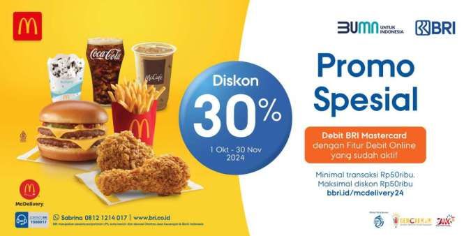 Promo McD x BRI Oktober-November 2024, Diskon 30% di McDelivery Menu Apapun