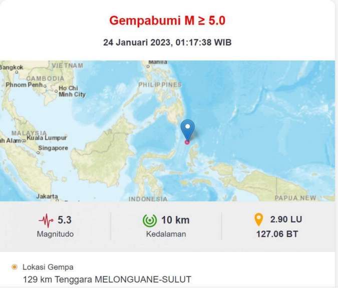 Gempa Bumi Magnitudo 5,3 Mengguncang Sulawesi Utara, Tidak Berpotensi Tsunami