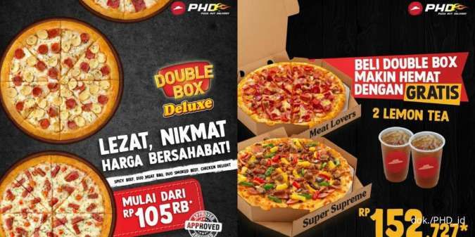 Promo PHD Terbaru 2023, Double Box Deluxe Isi 2 Pizza Regular Gratis Lemon Tea