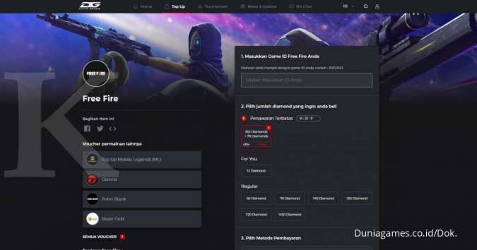 Top up diamond FF lewat Dunia Games