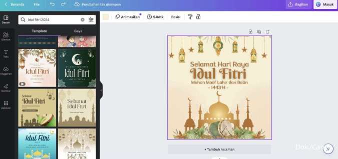 Screenshot Canva via web membuat kartu ucapan Idul Fitri 2024 menggunakan template yang tersedia