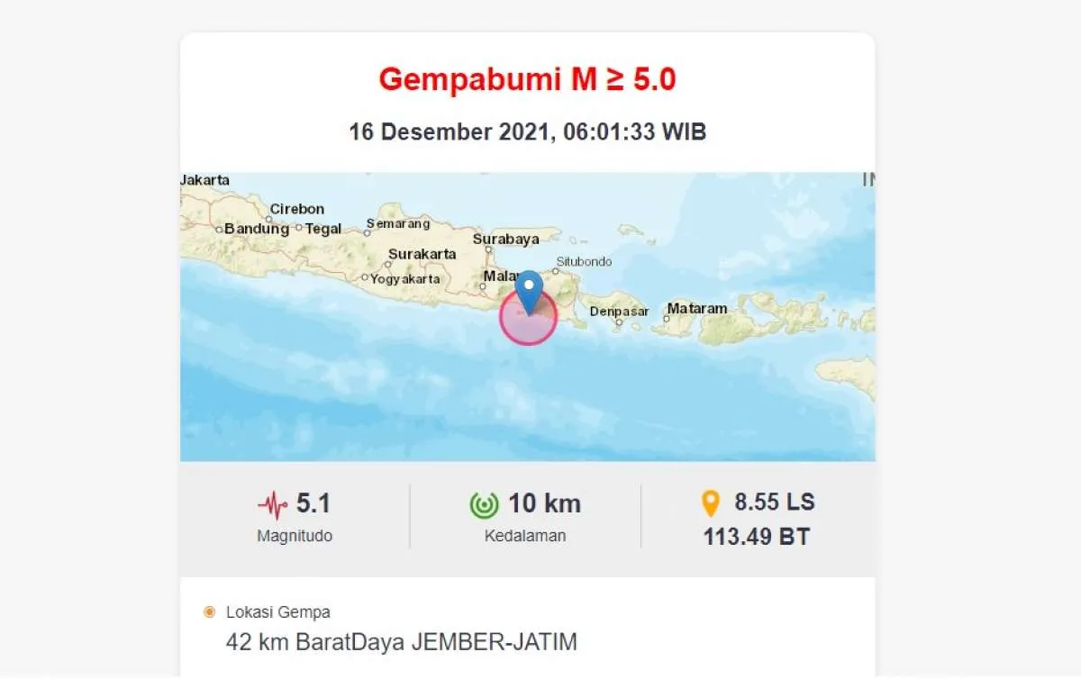 BMKG catat gempa terkini magnitudo 5,1 di Jember Jatim, 06.01 WIB (16 Desember 2021)