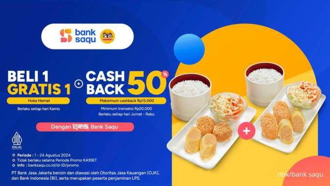 Promo Hokben x Bank Saqu Buy 1 Free 1 dan Cashback 50% s.d 24 Agustus 2024