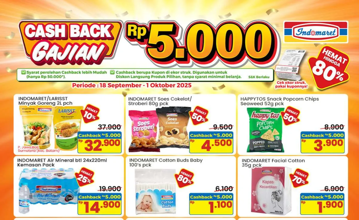 Promo Indomaret Gajian September 2025, Cashback Rp 5.000 & Hemat Sampai 80%